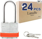 LanuBe Lock Laminated keyed Padlock (1-9/16", 40mm), keyed Alike Locks, Long Shackle,Marked Orange Plastic Hoop, Pack of 24
