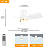 30" White low profile Ceiling Fan with Light, with Gold Trim Ring, Large Air Volume, flush mount ceiling fan for Bedroom Kitchen Dining room Patio