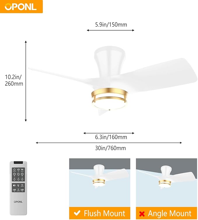 30" White low profile Ceiling Fan with Light, with Gold Trim Ring, Large Air Volume, flush mount ceiling fan for Bedroom Kitchen Dining room Patio