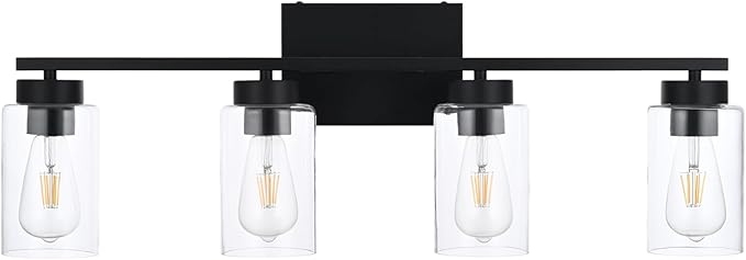 4 Light Bathroom Vanity Light Fixtures, Matte Black Modern Wall Lights with Clear Glass Shade, Vintage Wall Sconce Lighting for Living Room, Mirror, Bedroom, Hallway (Black, 4-Lights)