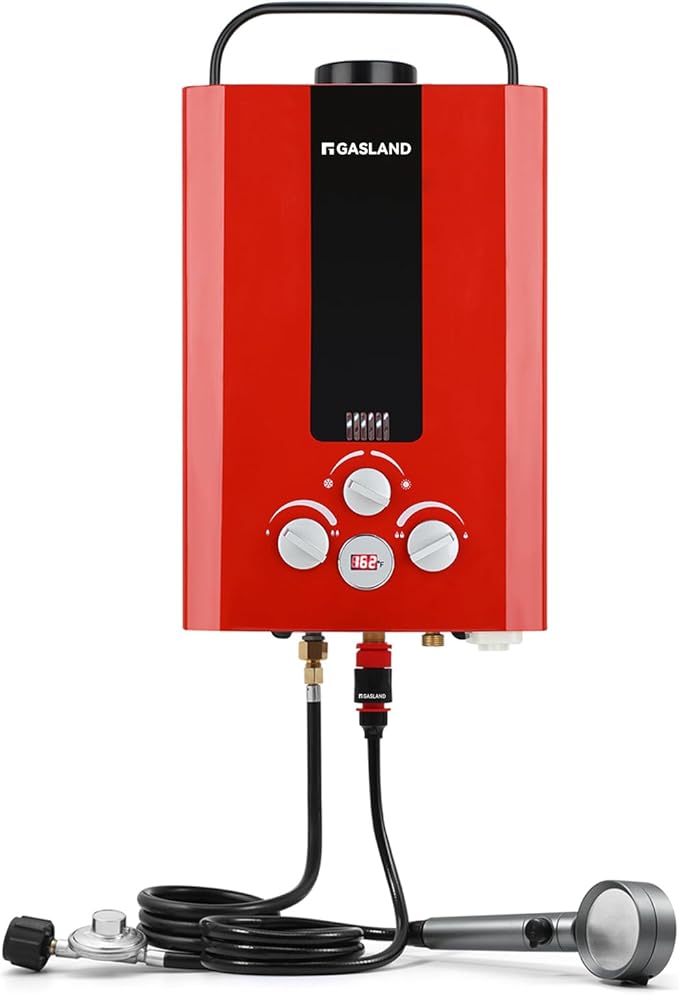 GASLAND Outdoors Tankless Water Heater Propane,1.58GPM 6L Portable Gas Water Heater, Overheating Protection, Easy to Install, for RV Cabin Barn Camping Boat, Red, BE158R