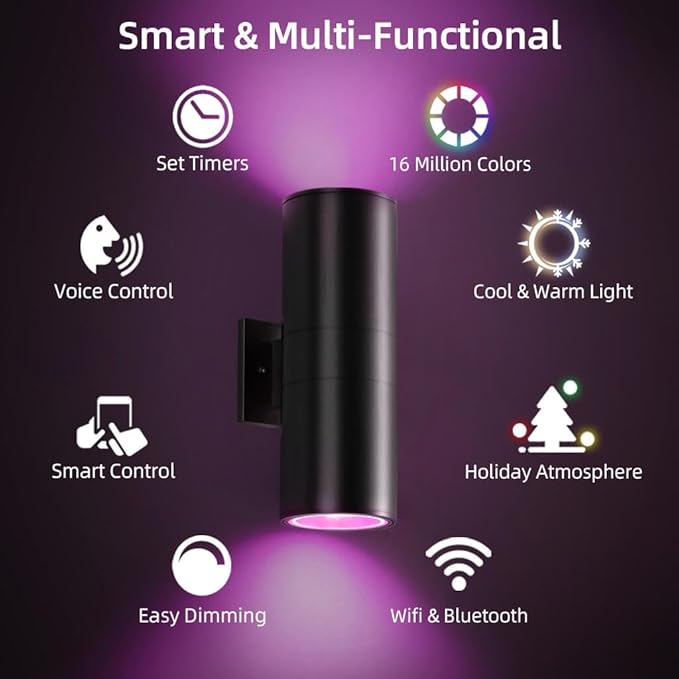 SHIMR Modern Outdoor Wall Lights Color Changing, RGBCW Smart Outdoor Lights with Remote Control, Waterproof Antirust Black Aluminum Exterior Lighting Fixtures Up and Down Lights [ETL Listed]