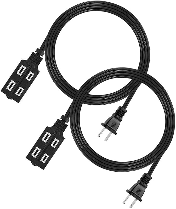 Cmple - 3-Outlet Household Indoor Extension Power Cord - 2 Prong with Protection Outlet Cover - 6 Feet, Black, (2 Pack)