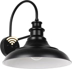 Dusk to Dawn Sensor Outdoor Barn Light Fixture, 12.3 Inch Dome Farmhouse Outdoor Wall Sconce, Gooseneck Exterior Wall Mount Light, Industrial Black White Finish Wall Lantern for Porch, DDRZ004 BK+WH