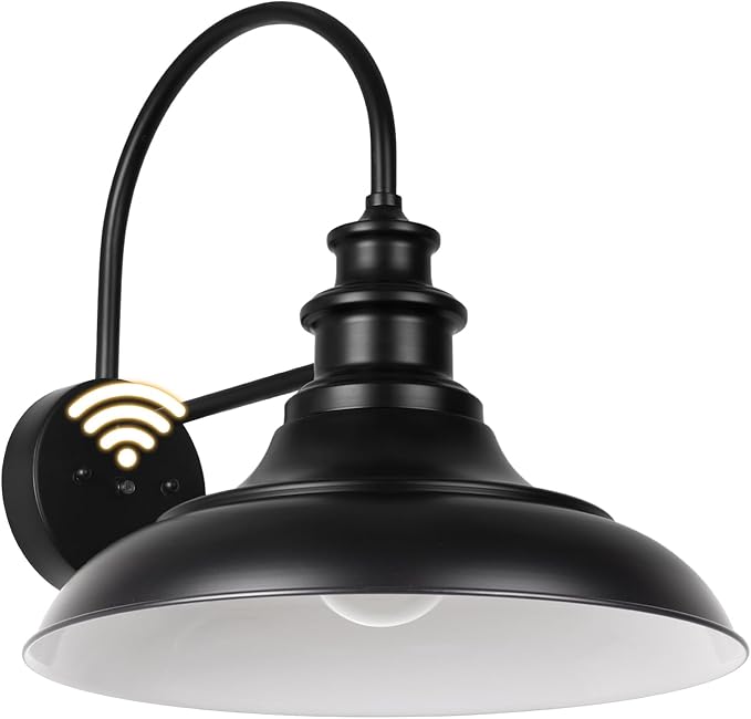 Dusk to Dawn Sensor Outdoor Barn Light Fixture, 12.3 Inch Dome Farmhouse Outdoor Wall Sconce, Gooseneck Exterior Wall Mount Light, Industrial Black White Finish Wall Lantern for Porch, DDRZ004 BK+WH