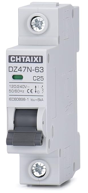 AC Miniature Circuit Breaker, 25 Amp 120V/240V 1 Pole DIN Rail Mount Circuit Breaker, Thermal Magnetic Trip, Solar AC Disconnect Switch MCB C25
