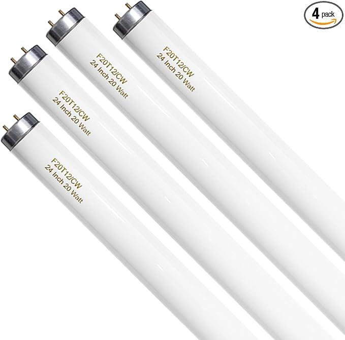 F20T12/CW 20 Watt Light Bulb Cool White, 24 Inch T12 Fluorescent Tube 20W Compatible with Philips Sylvania GE Light Fixture G13 Cap 4 Count