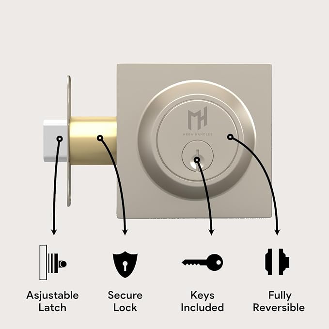 Mega Handles - Prime Deadbolt I Entry Deadbolt Lock - Heavy Duty Square Locking Deadbolt for Left or Right-Handed Doors - Interior/Exterior - Satin Nickel