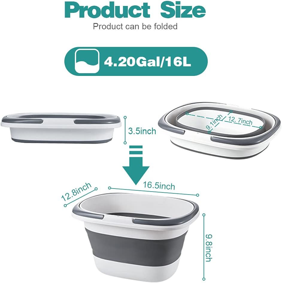 4.2 Gal(16L) Large Collapsible Plastic Bucket with Handle for House Cleaning, Space Saving Outdoor Multiuse Foldable Water Pail/Sink for Camping,Fishing,Ice(Grey)