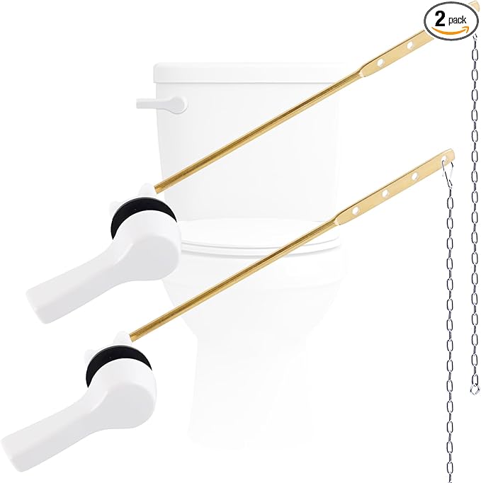 Hygie Rinse 2PCS Metal Toilet Handle Lever Flush Replacement, Universal Front Mount Toilet Handle with Stainless Steel Flapper Chains, Toilet Repair Kit, White