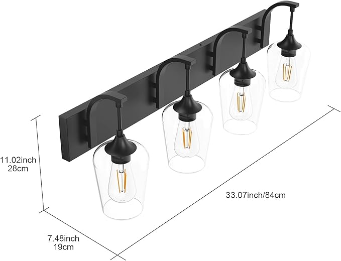 Ralbay Matte Black Bathroom Vanity Light 4-Lights Industrial Black Vanity Lights Clear Glass Vintage Edison Matte Black Wall Mount Light Fixtures for Bathroom