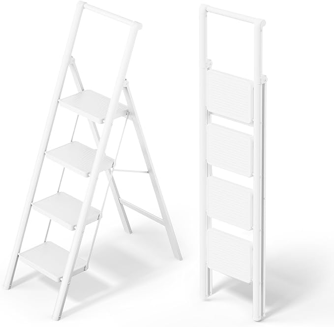 WOA WOA 4 Step Ladder, Foldable Ladder with Wide Pedals and Handle, Sturdy Ladders for Home and Kitchen with Anti-Slip Feet, Supports up to 330 lbs - White