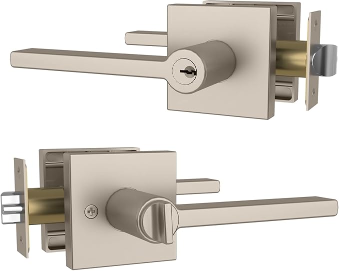 Mega Handles - Prime Entrance Handle, Entry Lever Door Handle, Heavy Duty Square Locking Lever Set for Left or Right-Handed Doors, Interior/Exterior Door Levers - Satin Nickel