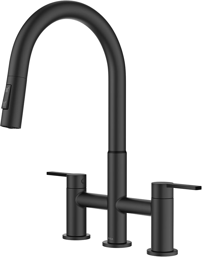 KRAUS Oletto Bridge Kitchen Faucet with Pull-Down Sprayhead in Matte Black, KPF-3122MB