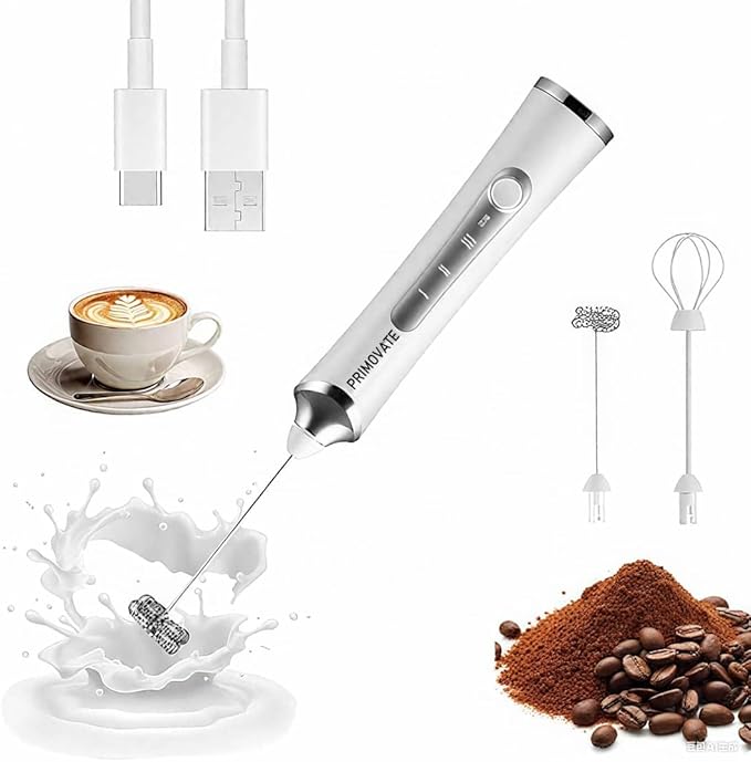 Rechargable Milk Frother, Handheld Drink Mixer with Whisk Attachment, 2025 upgraded, powerfull 3 speed motor, Type C charging with charge light, with extra egg mix head (White without Stand)
