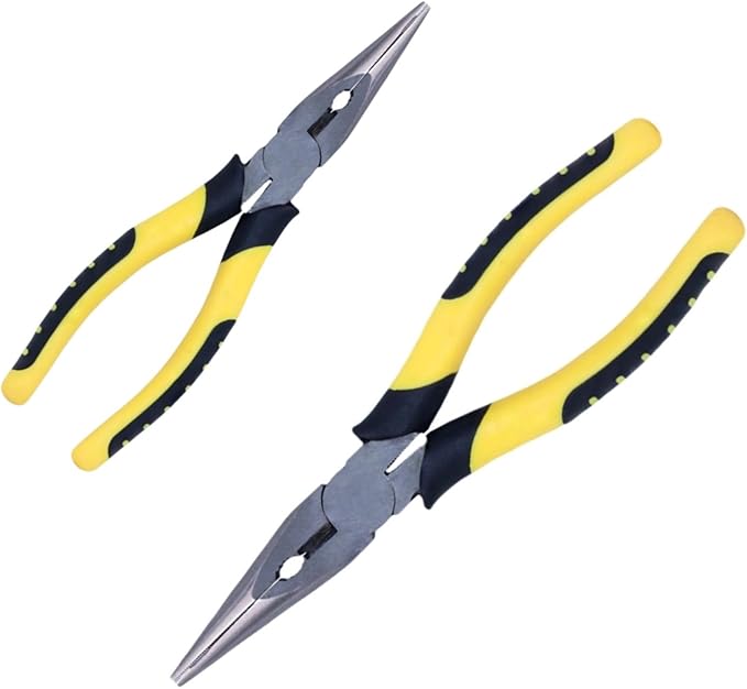2pcs 6in & 8in Needle Nose Pliers: Paper Clamp Precision, Premium Heavy-Duty CRV Steel, Large Soft Grip with Wire Cutter,Chrome Vanadium Steel Long Nose Cutting Pliers