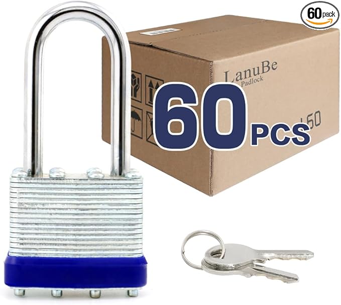 LanuBe Laminated Padlock 1-9/16inch (40mm) Long Shackle 60 Pack Keyed Alike, Blue Plastic Hoop, Bulk Locks for Warehouse, School