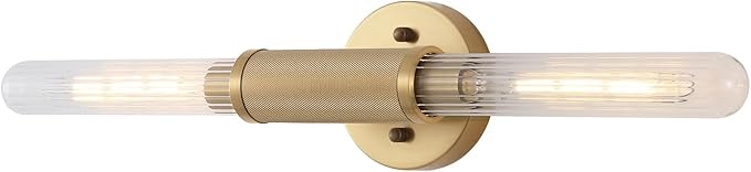 Gold Knurled Texture Wall Sconces 24" Modern Cylinder Bathroom Vanity Lights Fixtures with Clear Striped Glass Shade 2-Lights Indoor Wall Lighting for Living Room Bedroom Kitchen