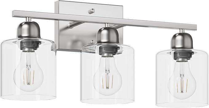 Modern Brushed Nickel 3 Light 19 inch Vanity Lights for Bathroom with Clear Glass, Bathroom Lighting Fixtures Over Mirror for Mirror Kitchen Living Room Hallway Cabinet Porch