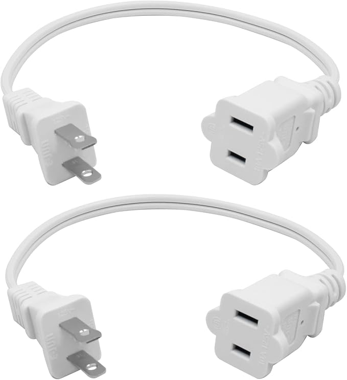 Short Extension Cord 1 FT,2 Prong White, Mini Extension Cord US Male/Female Power Cable UL Listed Perfect for Home, Office or Christmas Lights 2 Pack