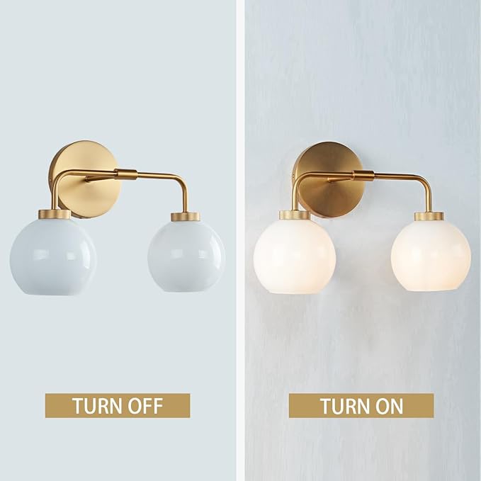 Minimalist Aged Brass Metal Finish Glass Globe Double Wall Sconce, 17 Inch Hand-Polished Vanity Light with Milky Glass Shade Over Mirror, Wall Light for Hallway, Bathroom (Milk Glass-Brass)