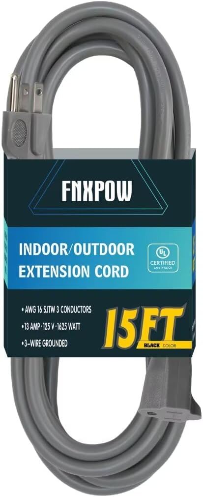 Indoor Outdoor Extension Cord 15 FT Waterproof, 16/3 Gauge Heavy Duty Gray Extension Cords, 13A 1625W SJTW Extension Cord with 3 Prong Grounded Plug, Great for Tools, Lights, UL Listed.