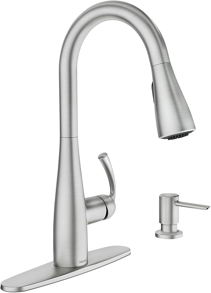 Moen Essie Spot Resist Stainless Pulldown Sprayer Kitchen Sink Faucet Set with Modern Pump Soap Dispenser, 87014SRS
