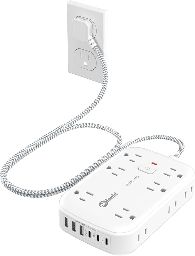 Flat Multi Plug Extender with 6 USB Wall Charger(3 USB C), 12 AC Outlets Wall Adapter, 3 ft Thin Extension Cord, Flat Plug Surge Protector Power Strip (2100J) for Home, Office, College Dorm. White