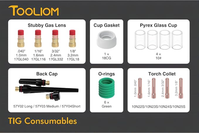 TOOLIOM 22PCS TIG Welding Torch Accessories Kit Stubby Gas Lens #10 Glass Cup Back Cap Kit for WP-17/18/26