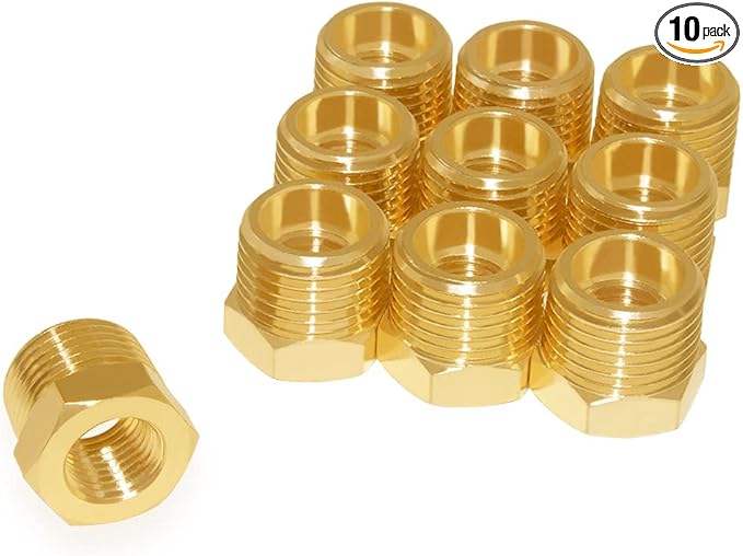 Hooshing 10PCS Brass Reducing Hex Bushing 1/2" NPT Male to 3/8" NPT Female Reducer Pipe Fitting Adapter