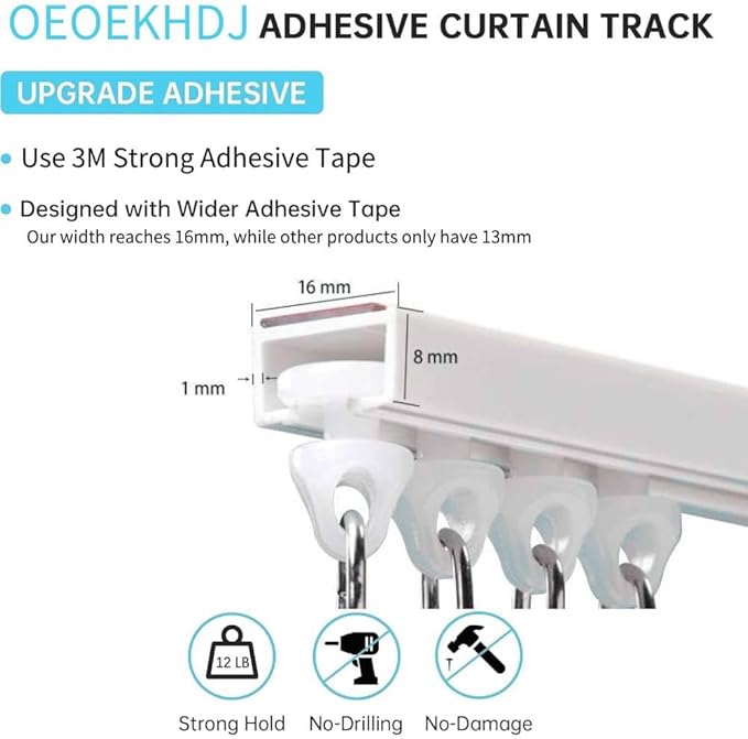 Self Adhesive Ceiling Or Wall Curtain Track 12FT No Drill Rod, No Damage Curtain Track Hangers, Adhesive Curtain Rod For Windows Cabinet Closet Bathroom Shower