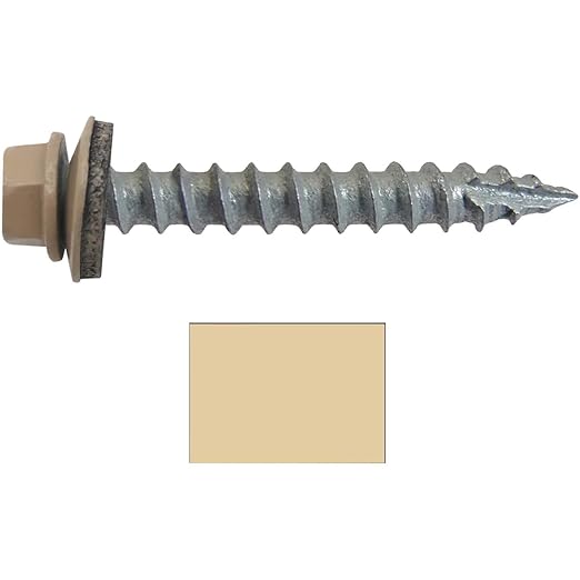 #14 Metal Roofing Screws: (250) TAN 1-1/2" Hex Head Screws - Self Tapping Metal to Wood, EPDM Washer, Colored Head