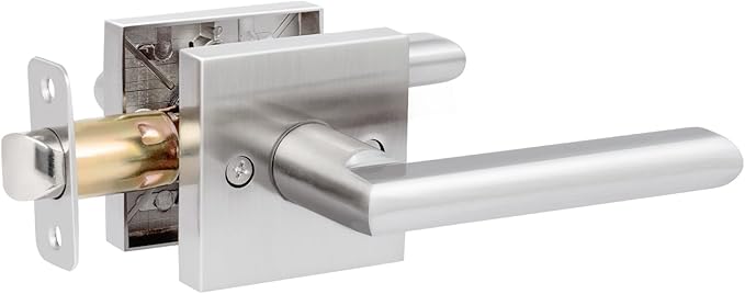 HOSOM Interior Door Levers Passage Door Handles Heavy Duty No Locking Door Handle Set for Hallway, Closet Doors, Satin Nickel Door Handle with Square Plate, 1 Pack