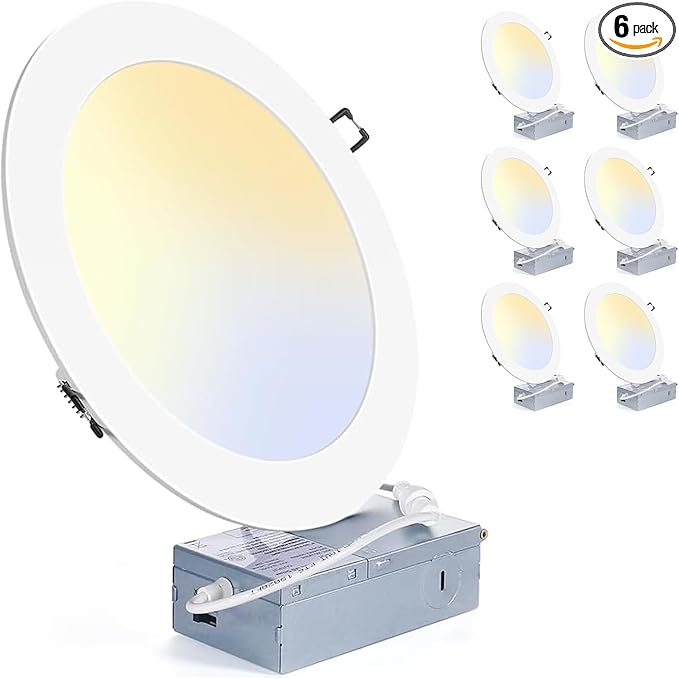 ZYC 8 Inch Recessed Lighting - 18W 1802LM Black Recessed Lighting,Dimmable 5CCT 2700K/3000K/3500K/4000K/5000K Selectable,IC Rated,Ultra-Thin Dimmable Canless Wafer Downlight Pack of 6 White.
