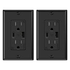 ELEGRP USB Wall Outlets, 15 Amp USB C Wall Outlets Receptacles, Outlets with USB A and USB C Ports, Tamper Resistant Receptacle, Wall Plate Included, UL Listed, 2 Pack, Black