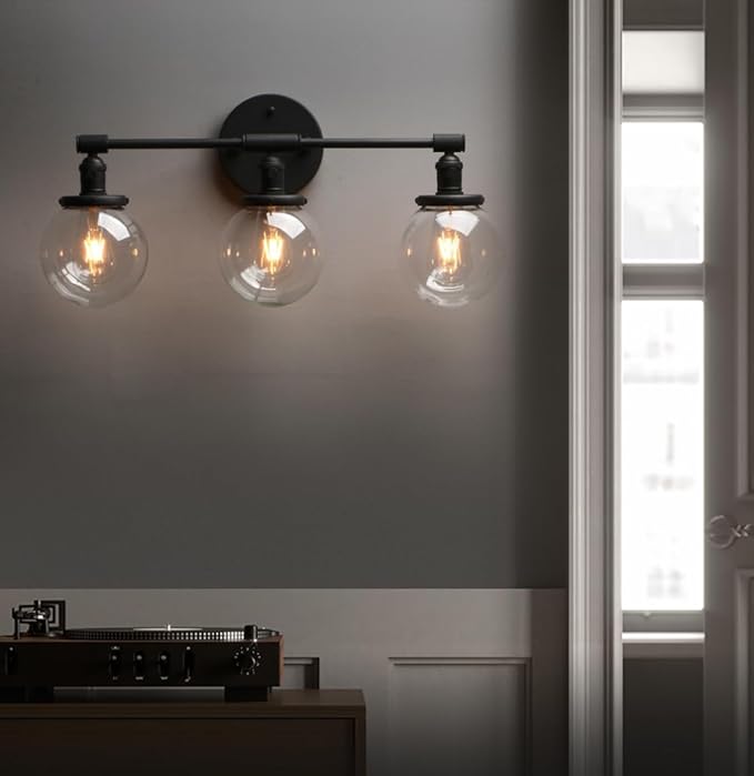Phansthy 3-Light Wall Sconces Antique Brass Vanity Light, Industrial Wall Lamps with On Off Switch and Clear Glass Lampshade, Vintage Wall Lighting for Bathroom Living Room (Black, Globe Shade)