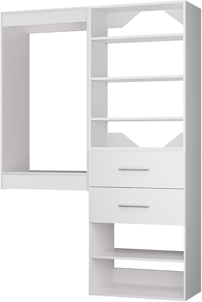 ROOMTEC Modular Closet System, 64" Wall Mounted Closet Organizer with Hanging Rods and Drawers, Wooden Tower for Walk-In Closets, Wardrobe Storage Kit, White