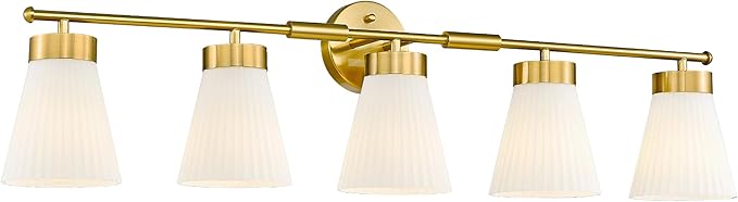 Bathroom Light Fixture, HWH 5-Light Bathroom Vanity Light Brushed Gold Vanity Lighting Over Mirror, Modern Vanity Lights with Frosted White Striped Glass, 5HZG97B-5W BG