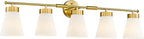 Bathroom Light Fixture, HWH 5-Light Bathroom Vanity Light Brushed Gold Vanity Lighting Over Mirror, Modern Vanity Lights with Frosted White Striped Glass, 5HZG97B-5W BG