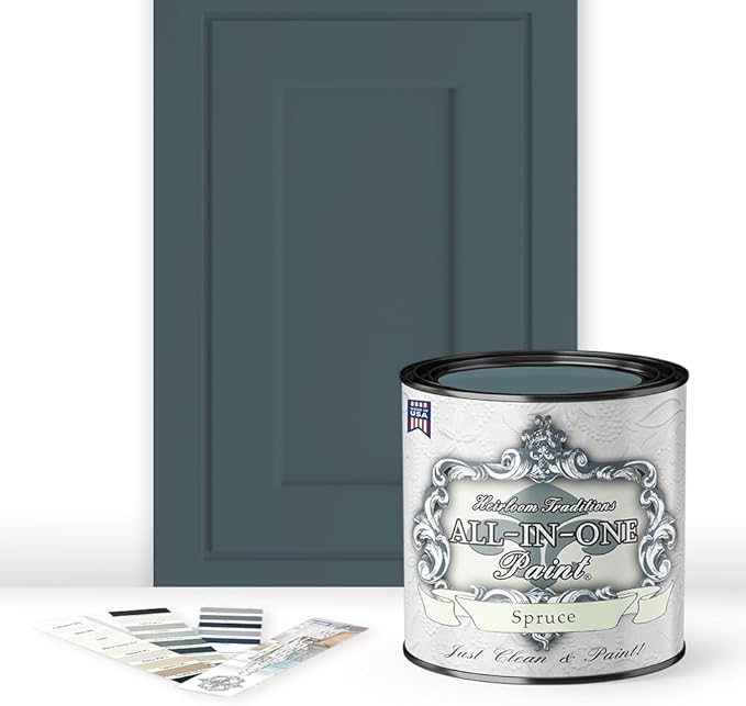 ALL-IN-ONE Paint, Durable cabinet and furniture paint. Built in primer and top coat, no sanding needed. Includes our 30 featured color card - Spruce (gray green with slight blue undertone), Quart