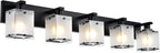 5-Lights Bathroom Light Fixtures, Matte Black Modern Vanity Lights with Rectangular Frosted Glass for Over Mirror Dressing Table, E26 Bulb Base