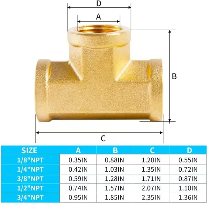 ChillWaves Brass Pipe Fitting, Tee 3/8" x 3/8" x 3/8" NPT Female Thread Adapter(6-PACK)