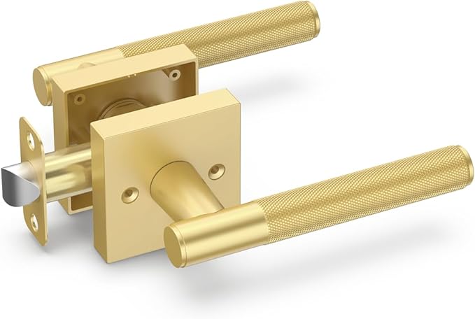 Asidrama 1 Pack Passage Gold Door Handles, Door Lever with Door Knobs Indoor for Bedroom or Bathroom, Heavy Duty Brushed Gold Door Handles Interior with Locks for Left Right Sided Doors