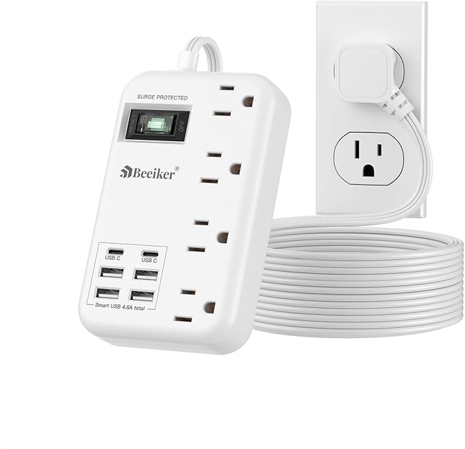 6 USB(2 USB C) Surge Protector Power Strip- 10 Ft Extension Cord with 24W USB Charging Station and 4 Outlets, Long Flat Extension Cord with Multiple Outlets for Travel Home Office Dorm White