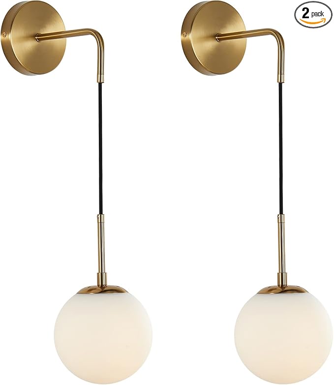 KCO Lighting Frosted White Glass Wall Sconce Set of Two Brass Gold Globe Ball Wall Light Adjustable Cord Industrial Vanity Wall Lamp for Bathroom Mirror Bedside Stairs (White)