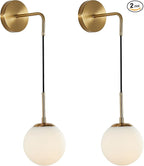 KCO Lighting Frosted White Glass Wall Sconce Set of Two Brass Gold Globe Ball Wall Light Adjustable Cord Industrial Vanity Wall Lamp for Bathroom Mirror Bedside Stairs (White)
