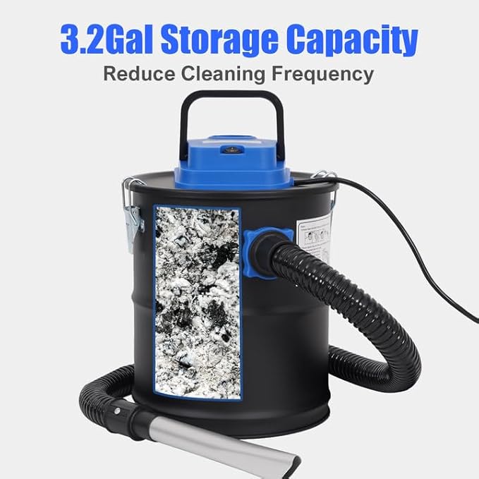 Ash Vacuum Cleaner -3.2 Gallon Fireplace Ash Vac with 800w Powerful Hose Non-Woven Dust Separator | Dry Stove Vacuum for Fireplaces Pellet Grill Wood Stove Fire Pits Blue