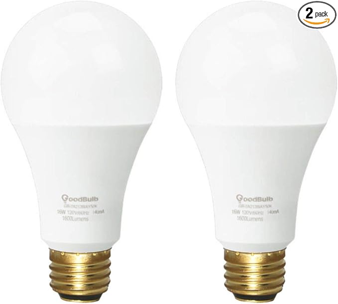 GoodBulb LED A21 3-Way Light Bulbs 5/9.5/16 Watt (40/60/120 Watt Equivalent) E26 Base Daylight 5000K EcoSmart Lights High Output 450/800/1600 Lumens 2 Pack