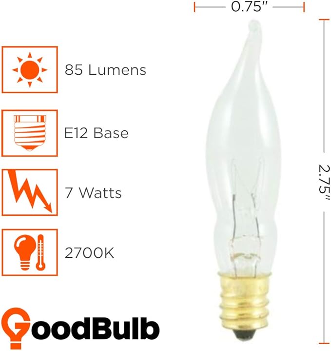 GoodBulb 7 Watt Flame Tip Candelabra Light Bulbs CA6 Clear Finish E12 Base 2700K Warm White CFC Dimmable 7W 85 Lumens Decorative Chandelier Bulbs Incandescent 12 Pack