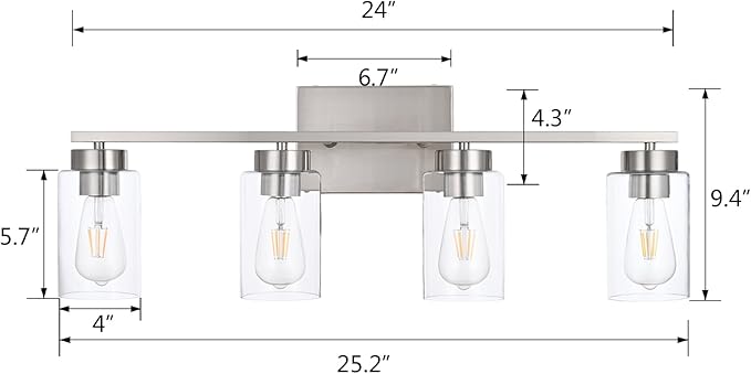 4 Light Bathroom Vanity Light Fixtures, Brush Nickel Modern Wall Lights with Clear Glass Shade, Vintage Wall Sconce Lighting for Living Room, Mirror, Bedroom, Hallway (Nickel, 4-Lights)